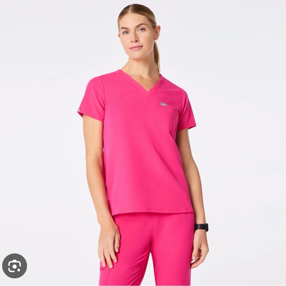 Hot pink (shocking pink) FIGS scrubs Zamora jogger and Catarina one pocket